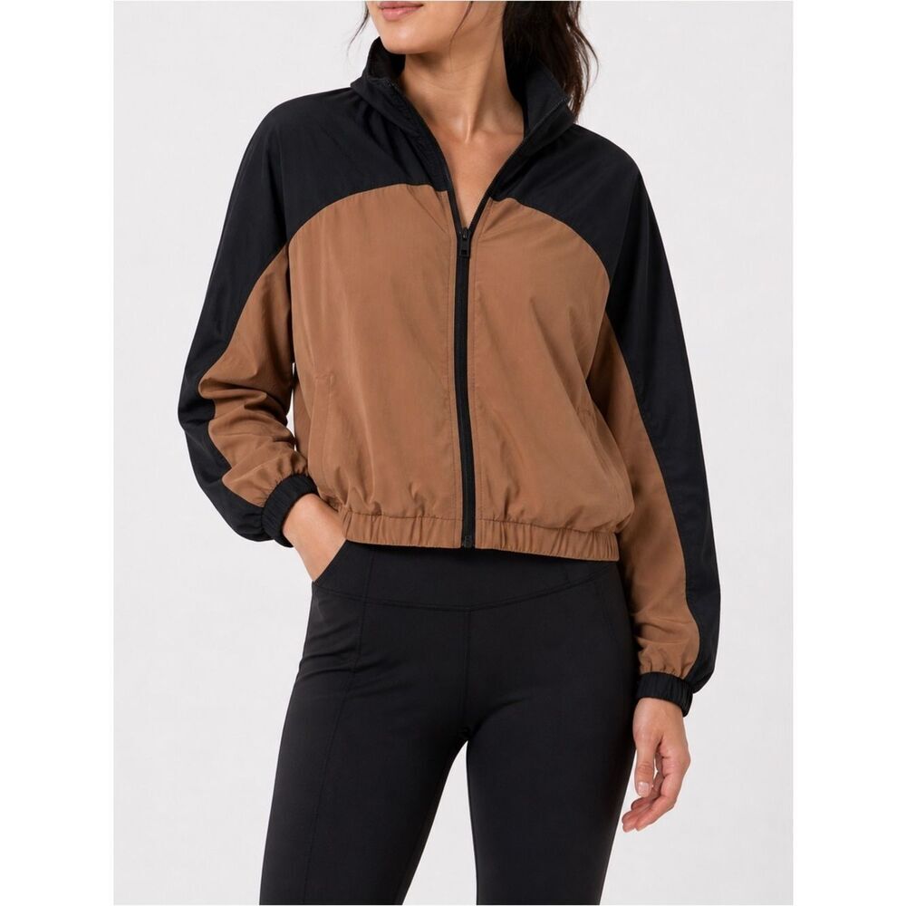 Beyond Yoga Women’s XL Colorblock Windbreaker Jacket | Brown Black Zip Up Athlet